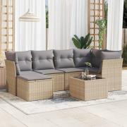 vidaXL Matgrupp för trädgården med dynor 7 delar beige konstrotting