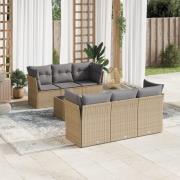 vidaXL Matgrupp för trädgården med dynor 7 delar beige konstrotting