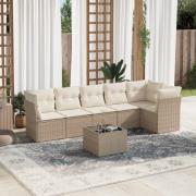 vidaXL Matgrupp för trädgården med dynor 7 delar beige konstrotting