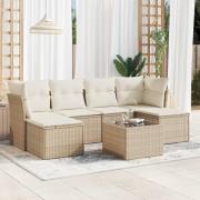 vidaXL Matgrupp för trädgården med dynor 7 delar beige konstrotting