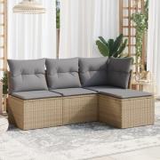 vidaXL Soffgrupp för trädgård med dynor 4 delar beige konstrotting