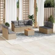 vidaXL Matgrupp för trädgården med dynor 8 delar beige konstrotting