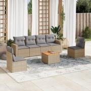vidaXL Matgrupp för trädgården med dynor 7 delar beige konstrotting