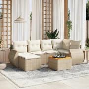 vidaXL Matgrupp för trädgården med dynor 7 delar beige konstrotting