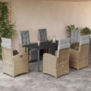 vidaXL Matgrupp för trädgården med dynor 7 delar beige konstrotting