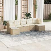 vidaXL Matgrupp för trädgården med dynor 7 delar beige konstrotting