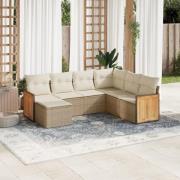vidaXL Matgrupp för trädgården med dynor 7 delar beige konstrotting