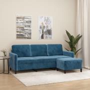 vidaXL 3-sitssoffa med fotpall blå 180 cm sammet