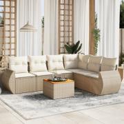 vidaXL Matgrupp för trädgården med dynor 7 delar beige konstrotting
