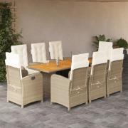 vidaXL Matgrupp för trädgården med dynor 9 delar mixbeige konstrotting
