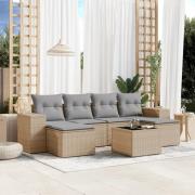 vidaXL Matgrupp för trädgården med dynor 7 delar beige konstrotting
