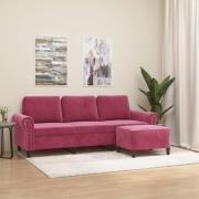 vidaXL 3-sitssoffa med fotstöd vinröd 180 cm sammet