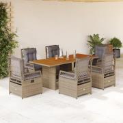 vidaXL Matgrupp för trädgården med dynor 7 delar beige konstrotting