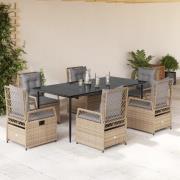 vidaXL Matgrupp för trädgården med dynor 7 delar beige konstrotting