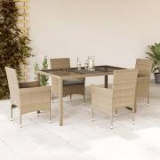 vidaXL Matgrupp för trädgård med dynor 5 delar beige konstrotting&glas