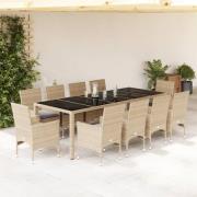 vidaXL Matgrupp för trädgård med dynor 11delar beige konstrotting&glas