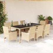 vidaXL Matgrupp för trädgård med dynor 9 delar beige konstrotting&glas