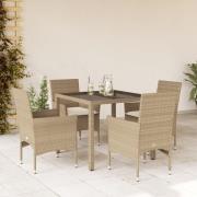 vidaXL Matgrupp för trädgård med dynor 5 delar beige konstrotting&glas