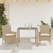 vidaXL Matgrupp för trädgård med dynor 3 delar beige konstrotting&glas