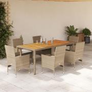 vidaXL Matgrupp för trädgården med dynor 7 delar beige konstrotting