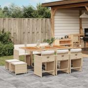 vidaXL Matgrupp för trädgården med dynor 11 delar beige konstrotting