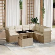 vidaXL Matgrupp för trädgården med dynor 7 delar beige konstrotting