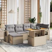 vidaXL Matgrupp för trädgården med dynor 7 delar beige konstrotting