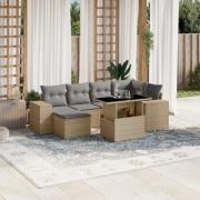 vidaXL Matgrupp för trädgården med dynor 7 delar beige konstrotting