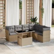 vidaXL Matgrupp för trädgården med dynor 7 delar beige konstrotting