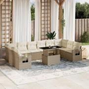 vidaXL Loungegrupp för trädgården m. dynor 11 delar beige konstrotting