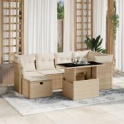 vidaXL Matgrupp för trädgården med dynor 7 delar beige konstrotting