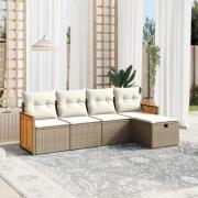vidaXL Soffgrupp för trädgården med dynor 5 delar beige konstrotting