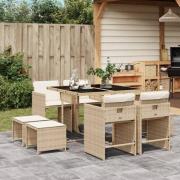 vidaXL Matgrupp för trädgården med dynor 9 delar beige konstrotting