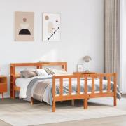 vidaXL Sängram med huvudgavel vaxbrun 135x190 cm massiv furu