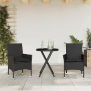 vidaXL Bistrogrupp med dynor 3 delar svart konstrotting och glas