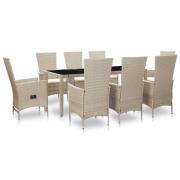 vidaXL Matgrupp för trädgården med dynor 9 delar konstrotting beige