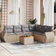 vidaXL Matgrupp för trädgården med dynor 7 delar beige konstrotting