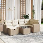 vidaXL Matgrupp för trädgården med dynor 7 delar beige konstrotting