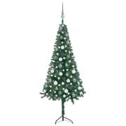 vidaXL Plastgran för hörn med LED och julgranskulor grön 120 cm PVC