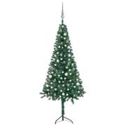 vidaXL Plastgran för hörn med LED och julgranskulor grön 210 cm PVC