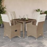 vidaXL Caféset för trädgården 5 delar med dynor beige konstrotting