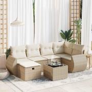 vidaXL Matgrupp för trädgården med dynor 7 delar beige konstrotting
