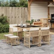 vidaXL Matgrupp för trädgården med dynor 9 delar beige konstrotting