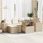 vidaXL Matgrupp för trädgården med dynor 7 delar beige konstrotting