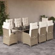 vidaXL Matgrupp för trädgården med dynor 9 delar beige konstrotting