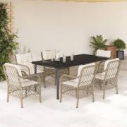 vidaXL Matgrupp för trädgården med dynor 7 delar beige konstrotting