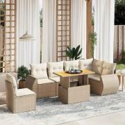 vidaXL Matgrupp för trädgården med dynor 7 delar beige konstrotting
