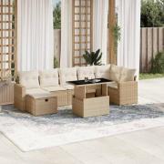 vidaXL Matgrupp för trädgården med dynor 8 delar beige konstrotting