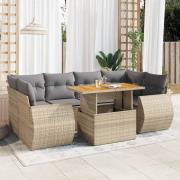 vidaXL Matgrupp för trädgården med dynor 7 delar beige konstrotting