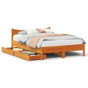 vidaXL Sängram med lådor vaxad brun 135x190 cm massiv furu